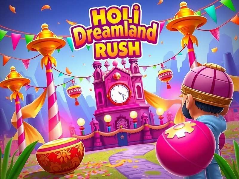 Holi Dreamland Rush gameplay screenshot showing colorful festival environment